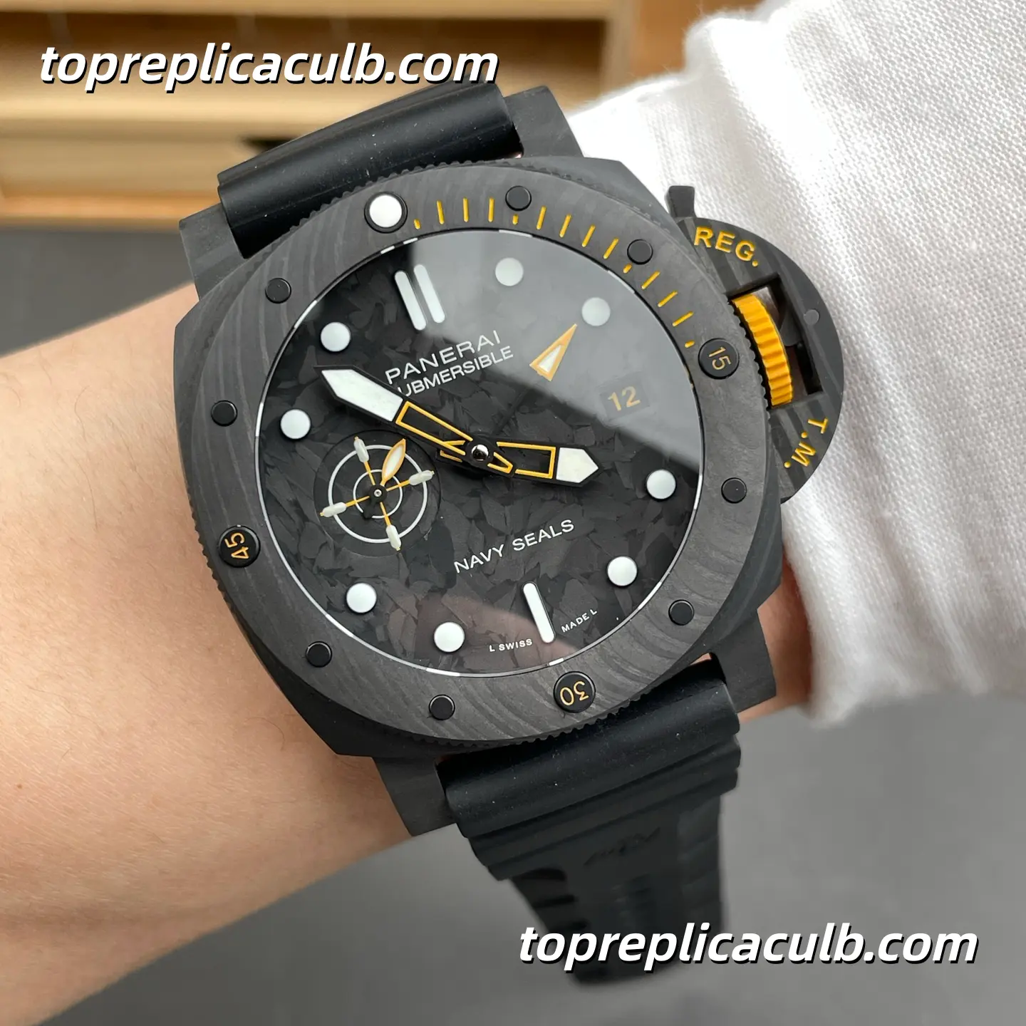 VS Factory Panerai Submersible Navy SEALs “Carbon Warrior” PAM01324 44MM Forged Carbon Style Case Black Camo Dial Yellow Accents Super Clone Watch With Cal.P.9000 Automatic Movement - Image 2