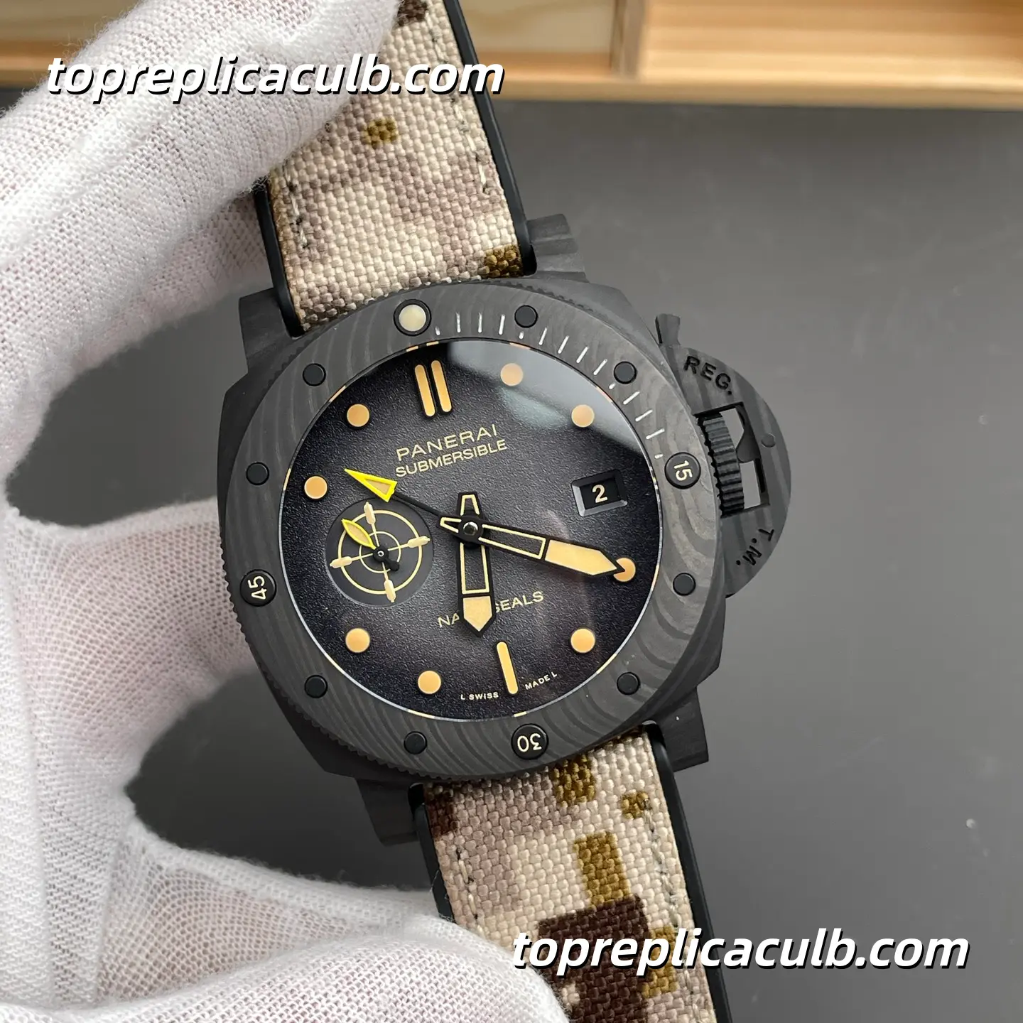 VS Factory Panerai Submersible Navy SEALs PAM01513 47MM Carbotech Case Black Gradient Dial Desert Camouflage Fabric Strap Super Clone Watch With P.900/GMT Automatic Movement - Image 4