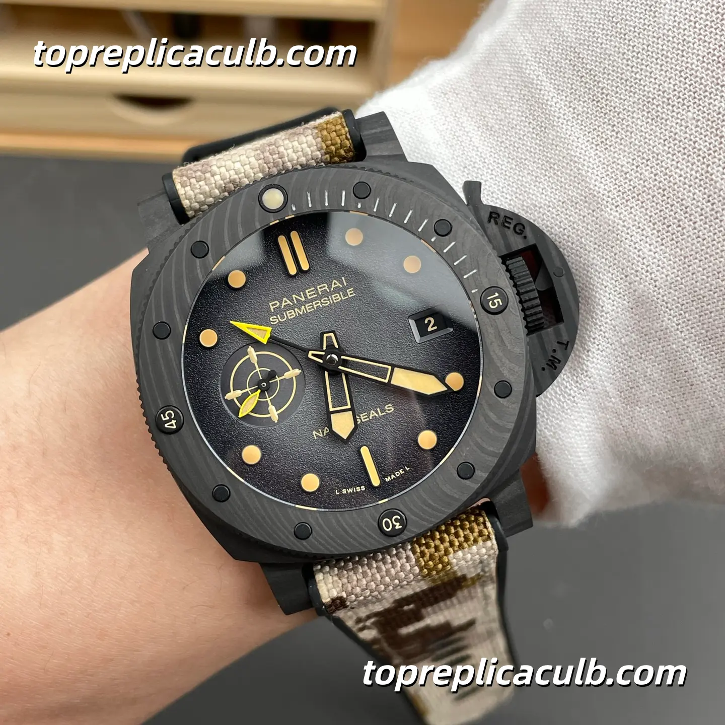 VS Factory Panerai Submersible Navy SEALs PAM01513 47MM Carbotech Case Black Gradient Dial Desert Camouflage Fabric Strap Super Clone Watch With P.900/GMT Automatic Movement - Image 2
