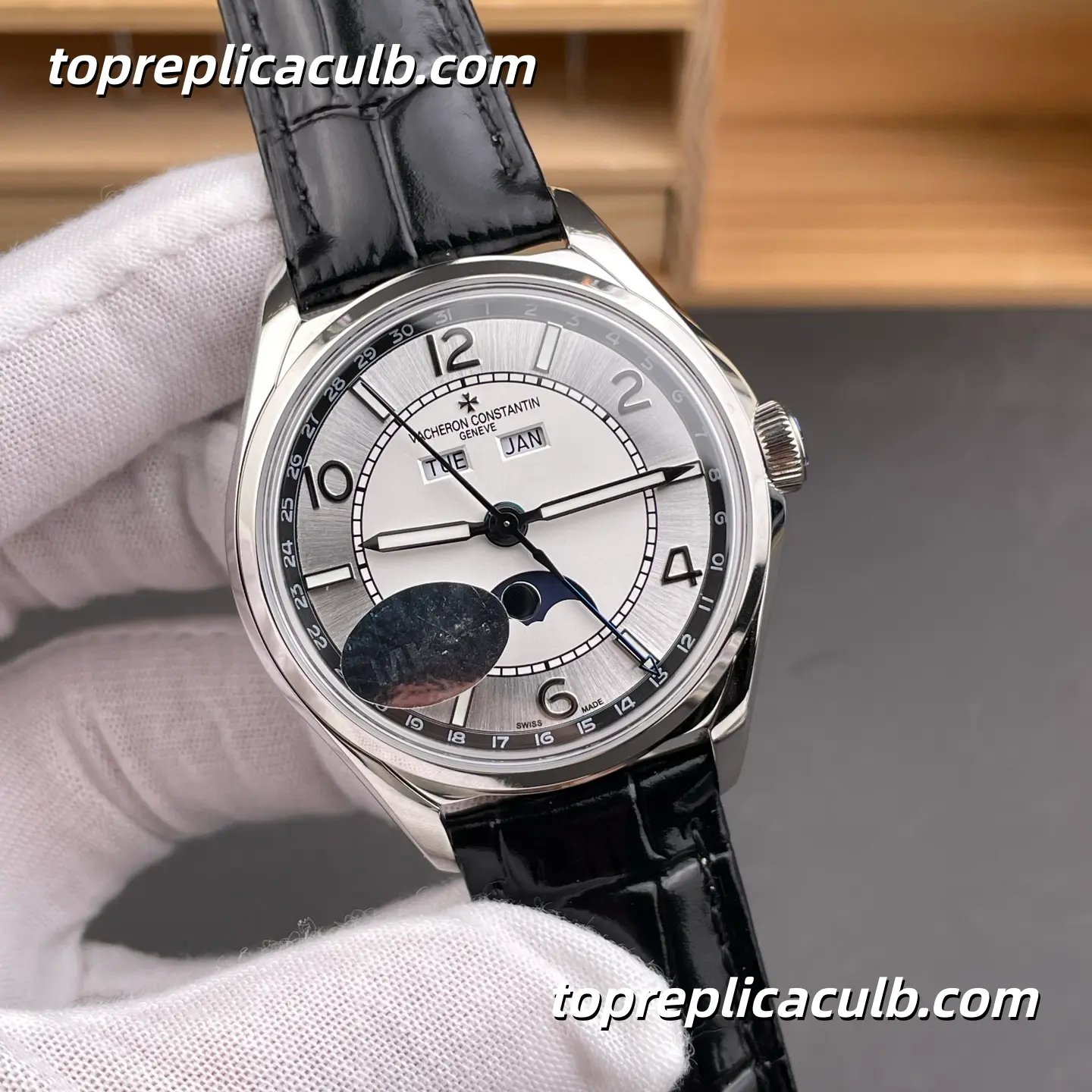 MKS Factory Vacheron Constantin Fiftysix Complete Calendar 4000E/000A-B439 Super Clone Watch Stainless Steel Silver Dial Moonphase Black Leather Strap 2460 QCL/1 Movement - Image 4