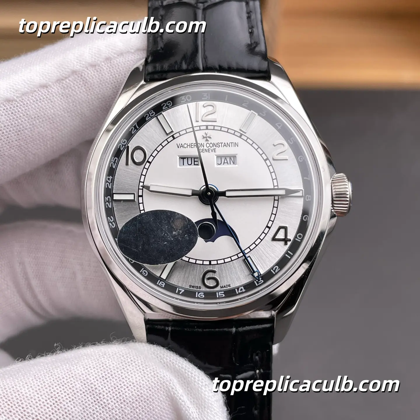 MKS Factory Vacheron Constantin Fiftysix Complete Calendar 4000E/000A-B439 Super Clone Watch Stainless Steel Silver Dial Moonphase Black Leather Strap 2460 QCL/1 Movement - Image 3