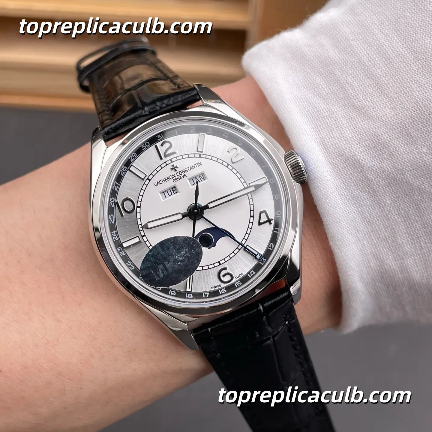 MKS Factory Vacheron Constantin Fiftysix Complete Calendar 4000E/000A-B439 Super Clone Watch Stainless Steel Silver Dial Moonphase Black Leather Strap 2460 QCL/1 Movement - Image 2
