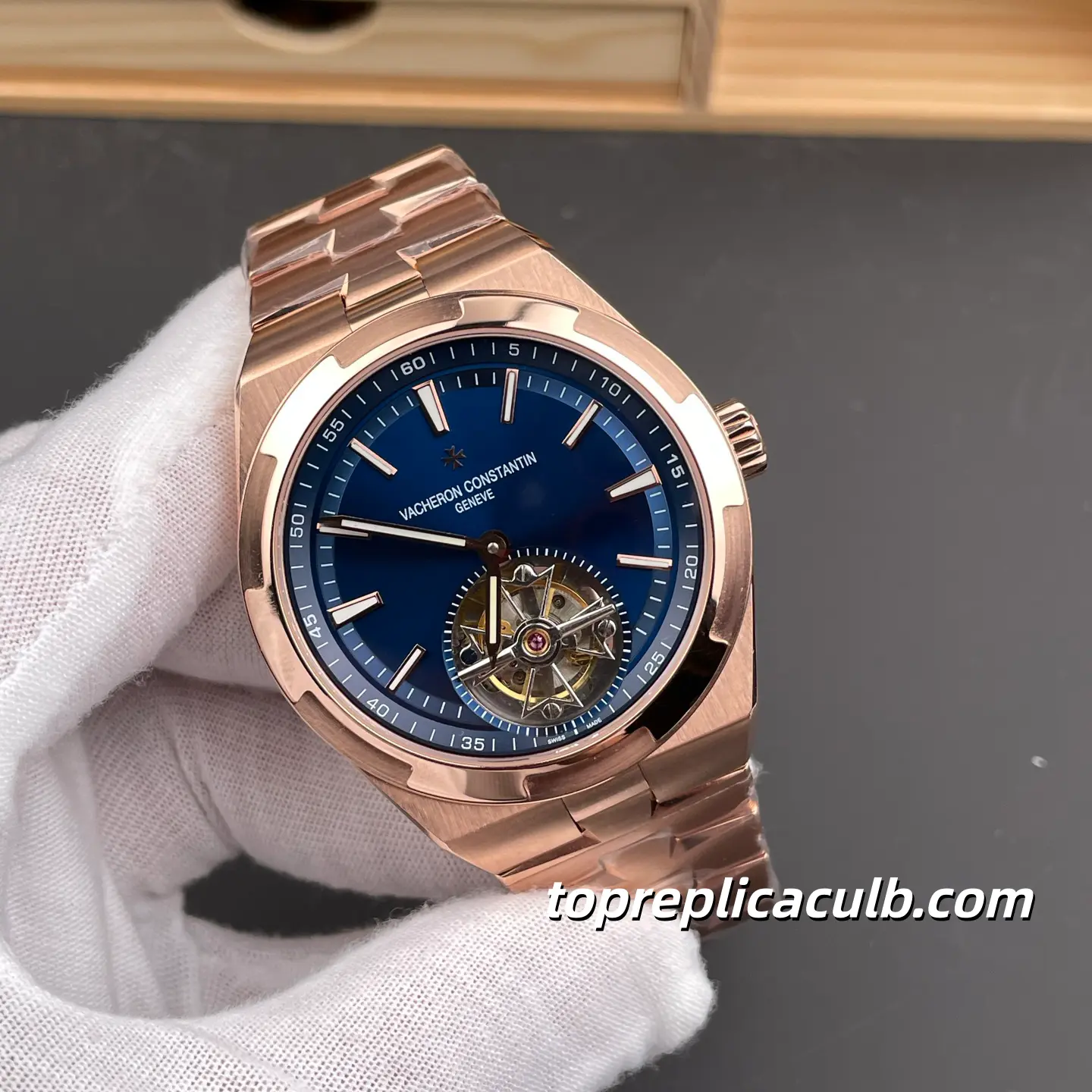 Vacheron Constantin Overseas Tourbillon 6000V/210R-B733 Super Clone Watch 42.5mm Rose Gold Blue Dial Bracelet 2160 Movement 18K Gold Wrapped - Image 4