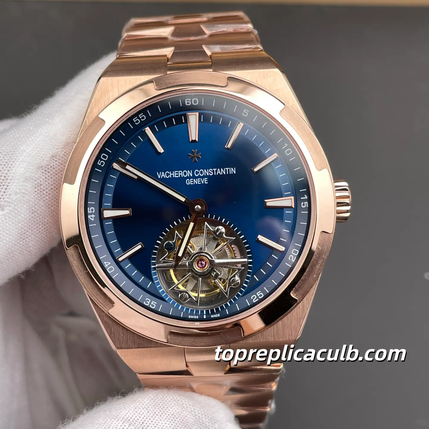 Vacheron Constantin Overseas Tourbillon 6000V/210R-B733 Super Clone Watch 42.5mm Rose Gold Blue Dial Bracelet 2160 Movement 18K Gold Wrapped - Image 3