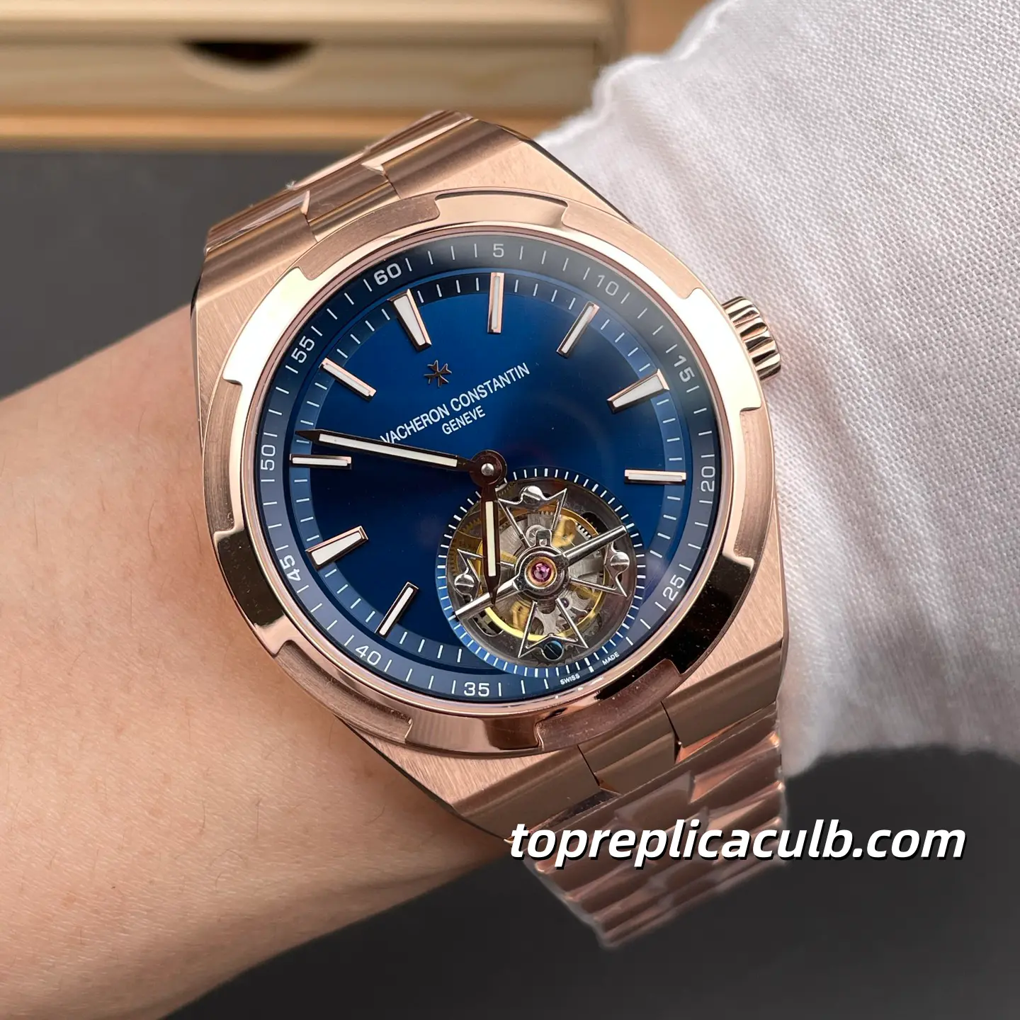 Vacheron Constantin Overseas Tourbillon 6000V/210R-B733 Super Clone Watch 42.5mm Rose Gold Blue Dial Bracelet 2160 Movement 18K Gold Wrapped - Image 2