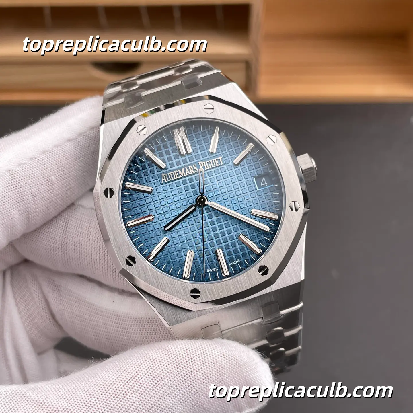 ZF Factory Audemars Piguet Royal Oak 41MM 15510BC.OO.1320BC.02 Blue Grande Tapisserie Dial White Gold Style Bracelet Super Clone Watch with 4302 1:1 Automatic Movement - Image 4