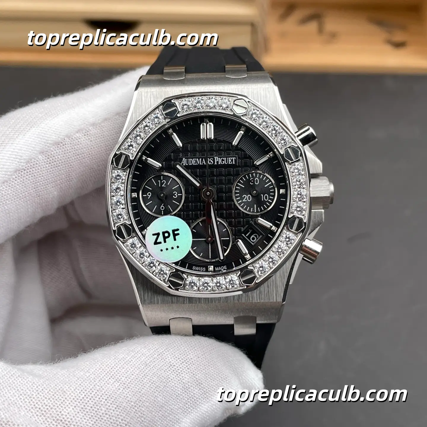 ZPF Factory Audemars Piguet Royal Oak Offshore Chronograph 37MM 26231ST.ZZ.D002CA.01 Black Lady Tapisserie Dial Diamond Bezel Black Rubber Strap Super Clone Watch with 2385 1:1 Automatic Movement