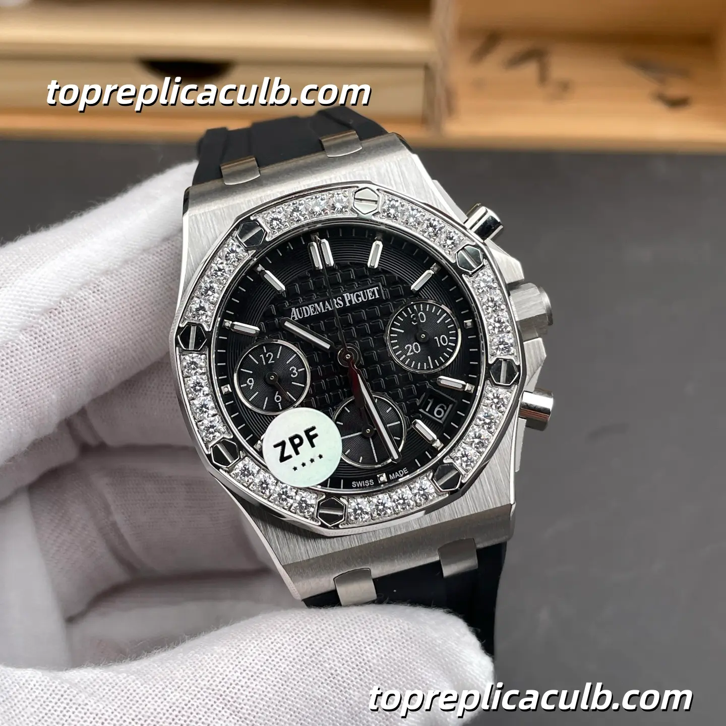 ZPF Factory Audemars Piguet Royal Oak Offshore Chronograph 37MM 26231ST.ZZ.D002CA.01 Black Lady Tapisserie Dial Diamond Bezel Black Rubber Strap Super Clone Watch with 2385 1:1 Automatic Movement - Image 4