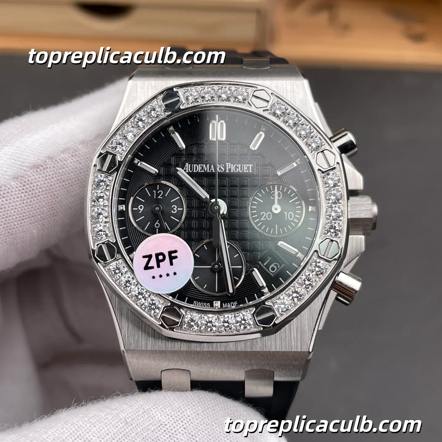ZPF Factory Audemars Piguet Royal Oak Offshore Chronograph 37MM 26231ST.ZZ.D002CA.01 Black Lady Tapisserie Dial Diamond Bezel Black Rubber Strap Super Clone Watch with 2385 1:1 Automatic Movement - Image 3
