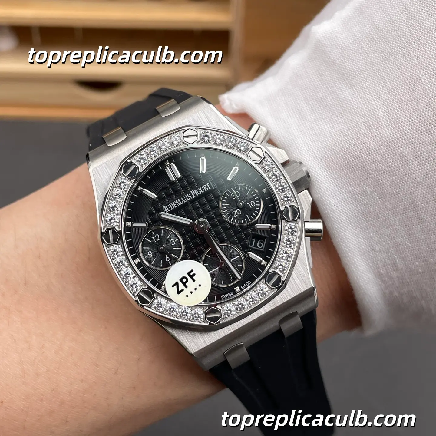 ZPF Factory Audemars Piguet Royal Oak Offshore Chronograph 37MM 26231ST.ZZ.D002CA.01 Black Lady Tapisserie Dial Diamond Bezel Black Rubber Strap Super Clone Watch with 2385 1:1 Automatic Movement - Image 2