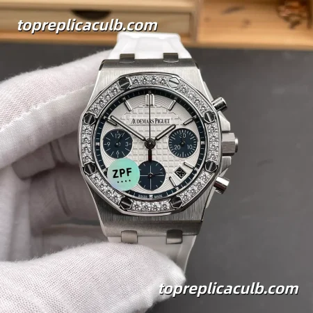 ZPF Factory Audemars Piguet Royal Oak Offshore Chronograph 37MM 26231ST.ZZ.D010CA.01 Silver Dial Blue Counters Diamond Bezel White Rubber Strap Super Clone Watch