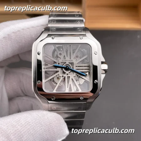 RF Factory Cartier Santos Super Clone Watch 39.8MM Silver Skeleton Dial WHSA0015